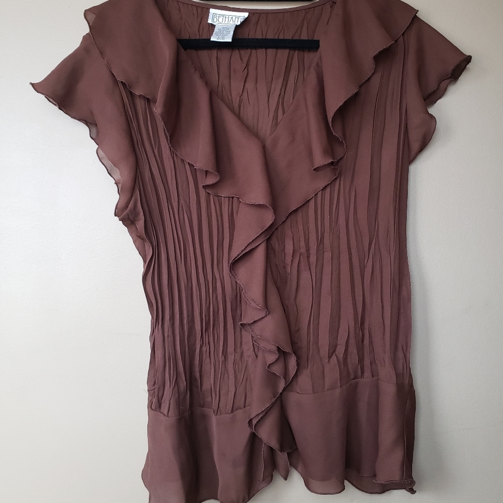 Brown Ruffled Semi-Sheer Top